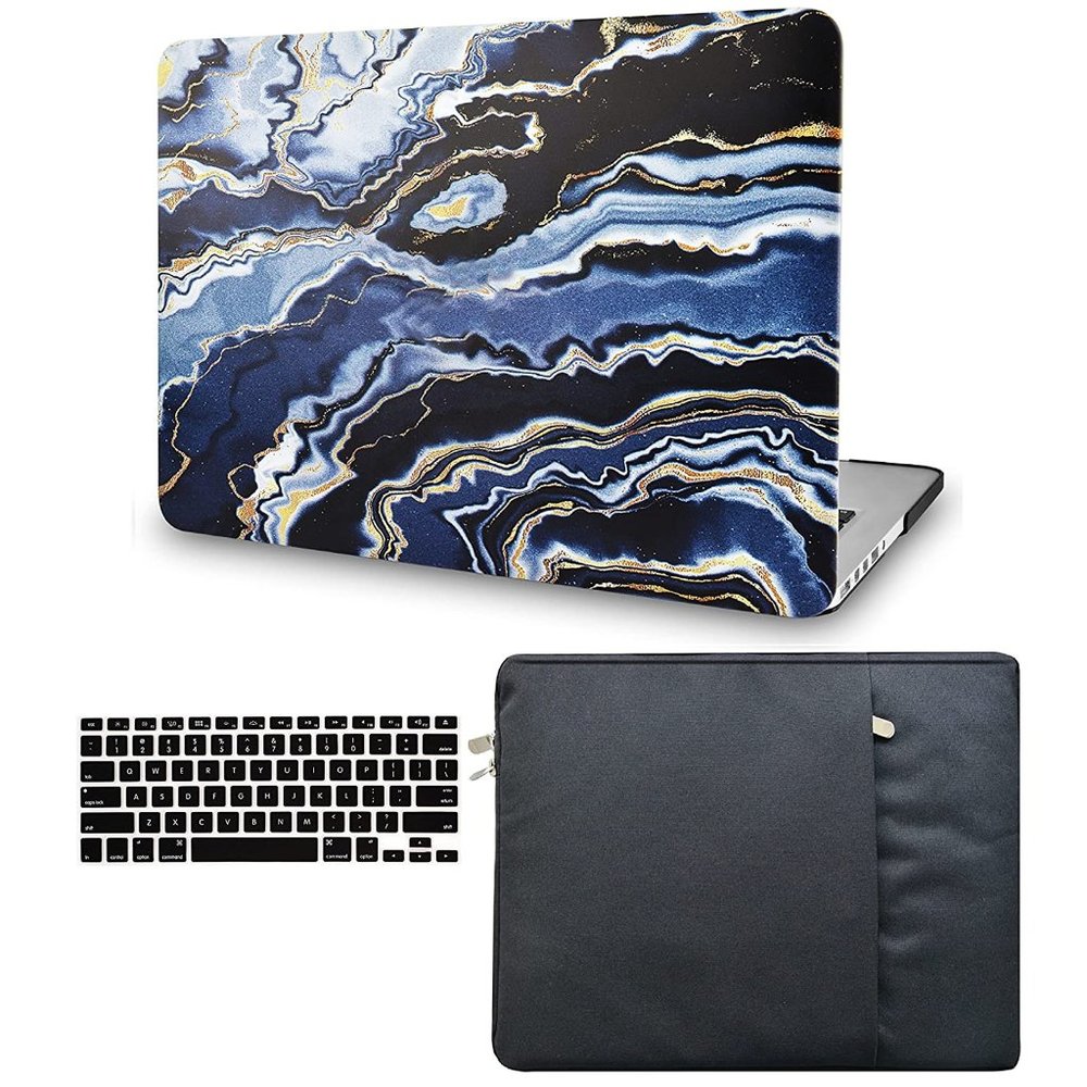MORTAKA Plastic Hard Shell + Sleeve+Keyboard Cover (Black Grey Gold Marble) NEW!